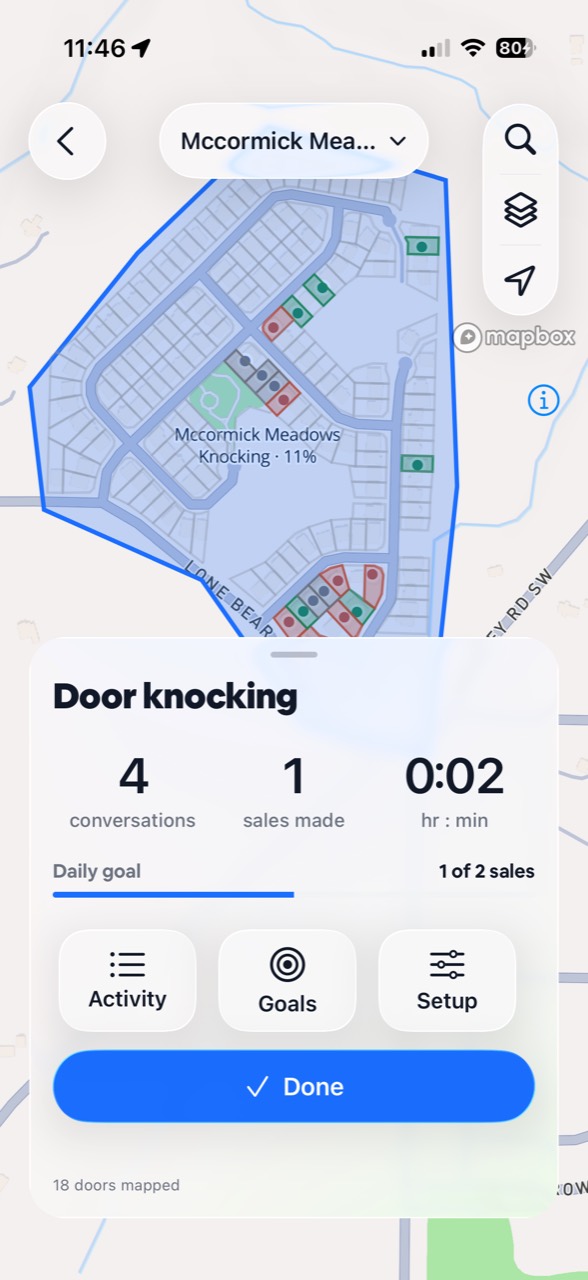 Meep Field map showing property boundaries, area progress, conversations and sales