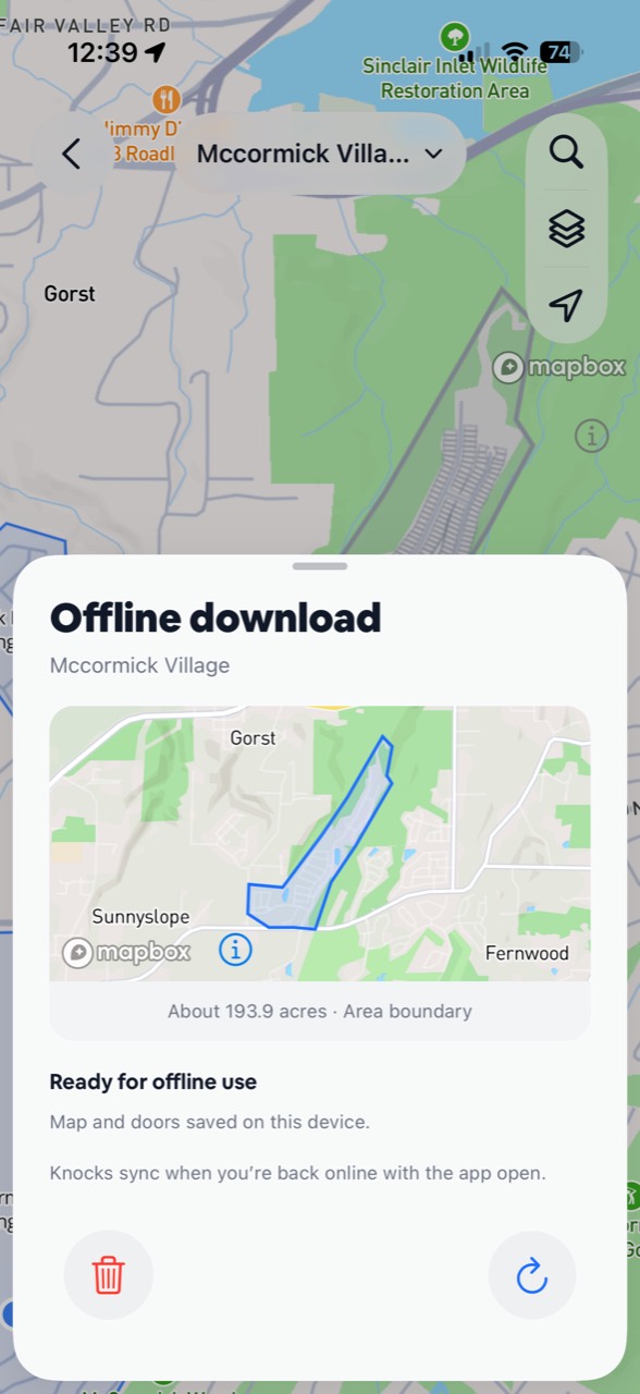 Meep Field offline download showing map and doors saved on the device